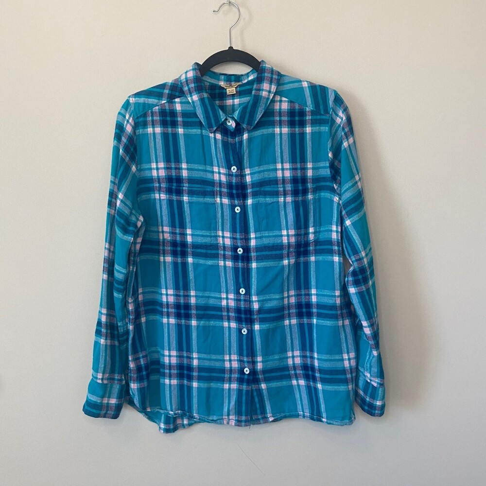 Woolrich Turquoise Blue & Pink Plaid Button Up Long Sleeve Tee Sz XL